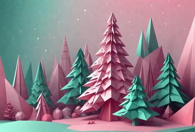 The primary subject of the image is a pink and green paper tree, which is the main focus of the scene. The setting is a snowy landscape with a forest of trees in the background. The visual style is a combination of digital art and illustration, creating a unique and artistic representation of the scene. The colors and mood of the image are predominantly pink and green, giving it a warm and festive atmosphere.